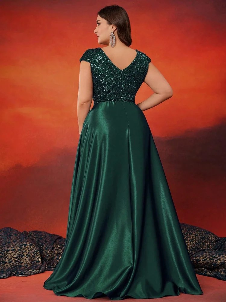 dark green v back design satn sequins evening dress
