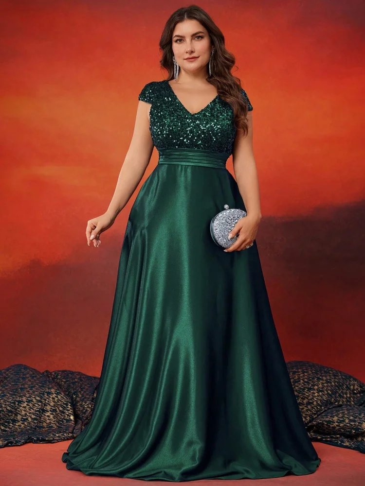 Dark green satin sequin bodice with short cap sleeves plus sizes evening dress-formal elegance