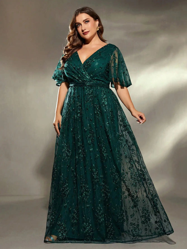 dark geen lace with sequins v-neck and short sleeves plus size evening dress-formal elegance