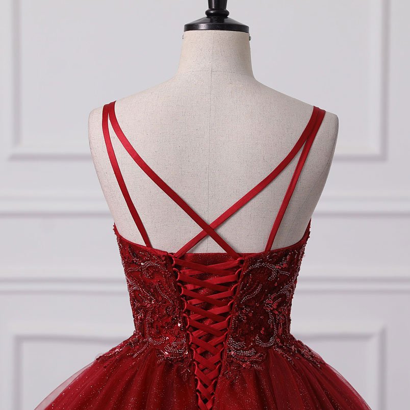 Dark Red Sparkle Tulle Ball Gown