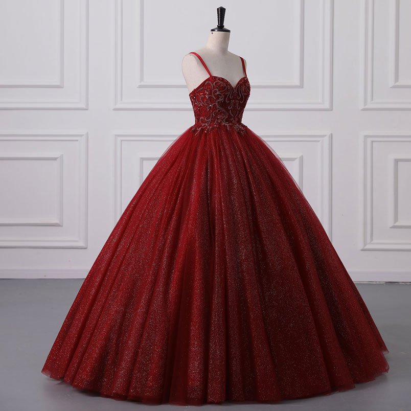 Dark Red Sparkle Tulle Ball Gown