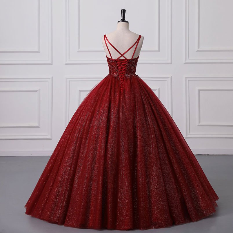 Dark Red Sparkle Tulle Ball Gown