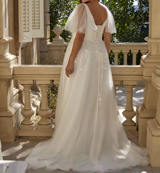 open lace up back ivory short sleeve wedding gown-formal elegance