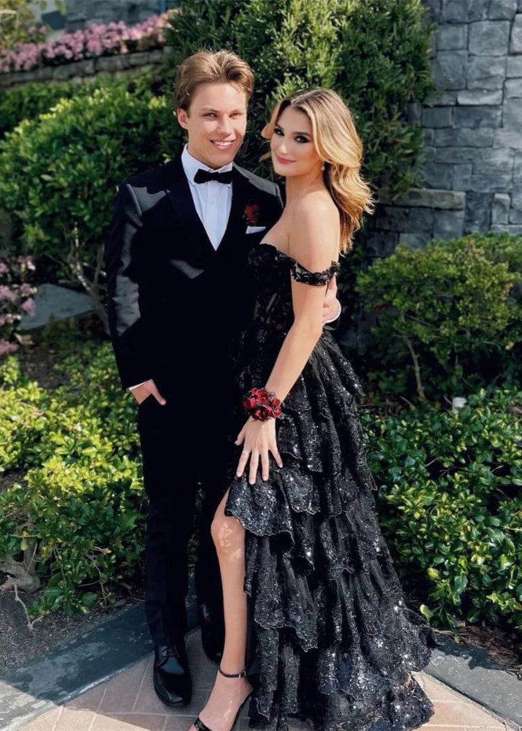 Elegant Off Shoulder Lace Split Layered Formal Dress