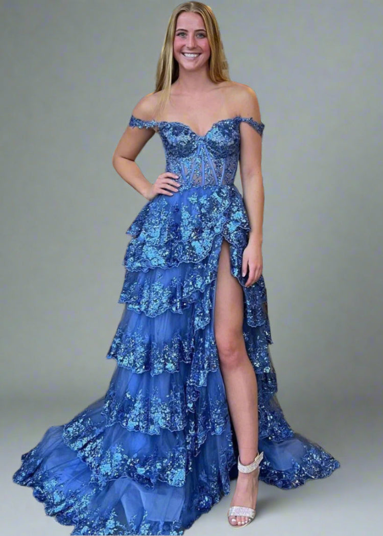 blue off the shoulder multi layer lace with corset style bodice and leg split-formal elegance