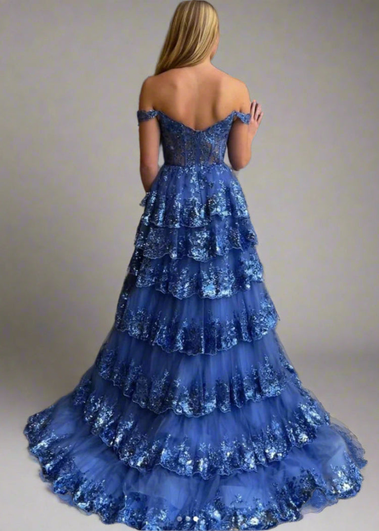 Elegant Off Shoulder Lace Split Layered Formal Dress