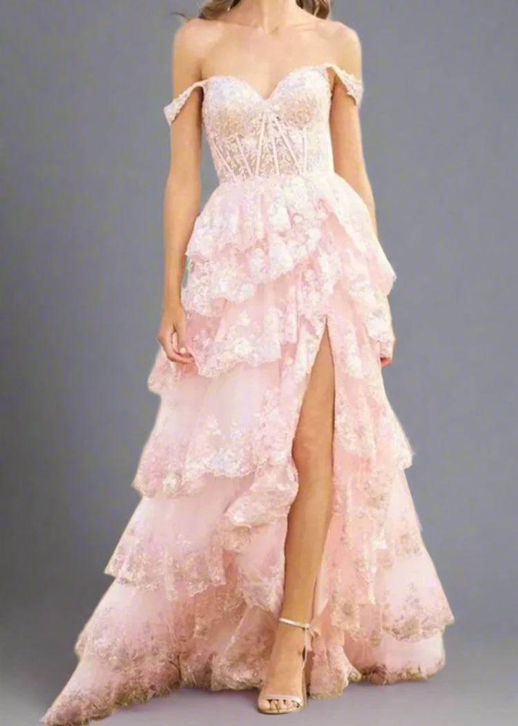 pink off the shoulder with multi layers of lace elegant formal dress-formal elegance