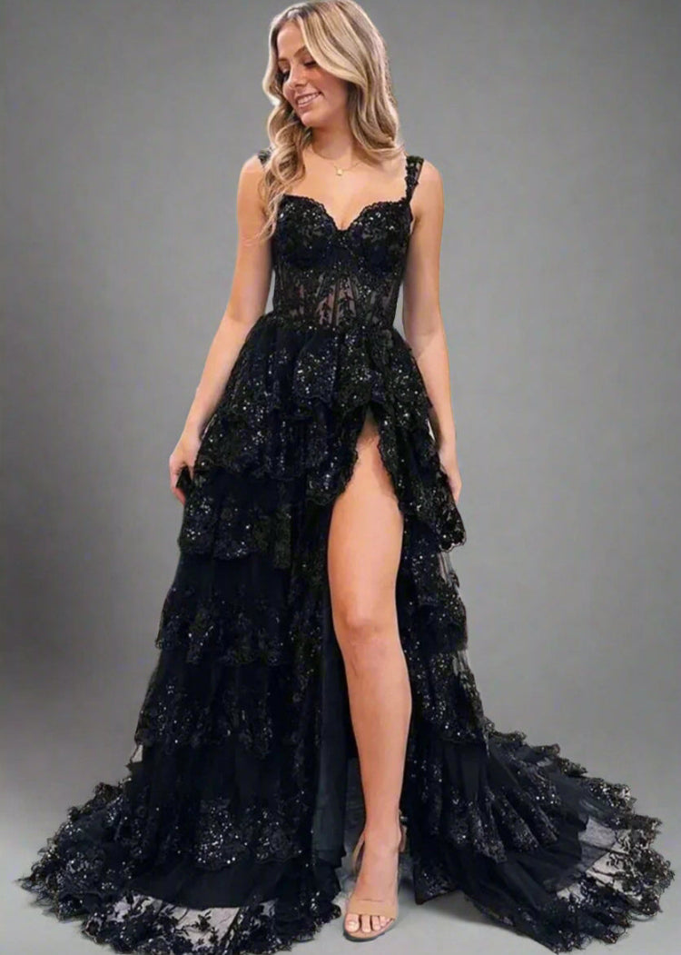 black lace sweetheart neckline floor-length formal gala event dress-formal elegance