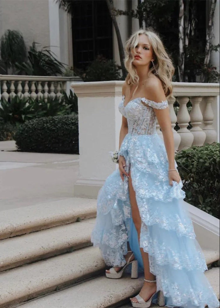 Elegant Off Shoulder Lace Split Layered Formal Dress