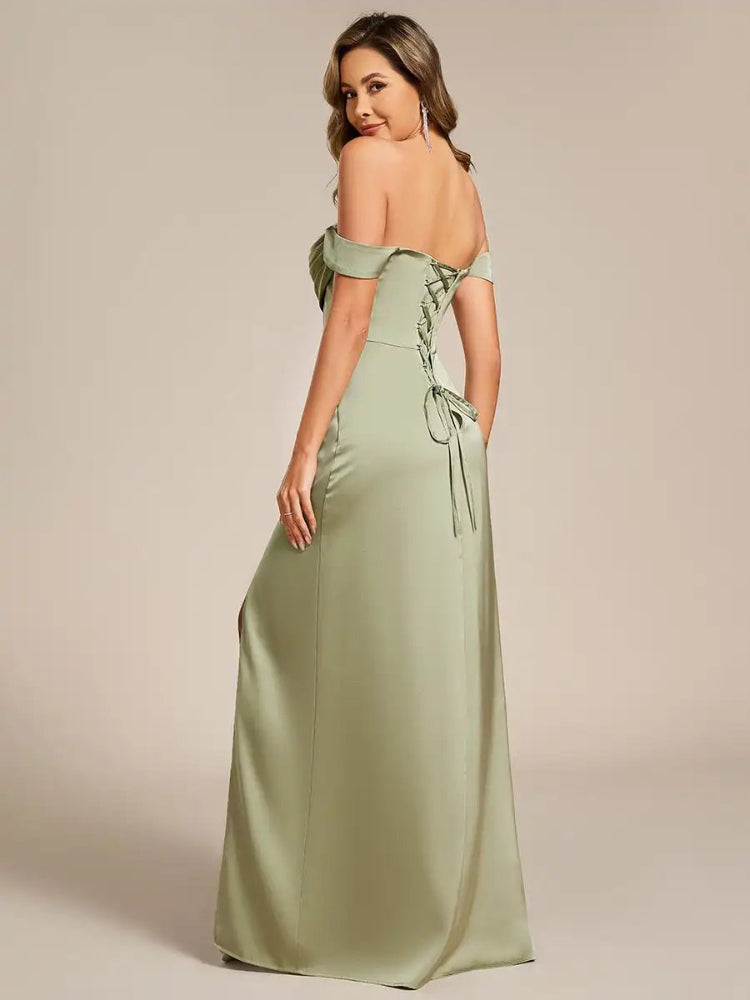 Elegant Off Shoulder Satin Split Bridesmaid Evening Dress