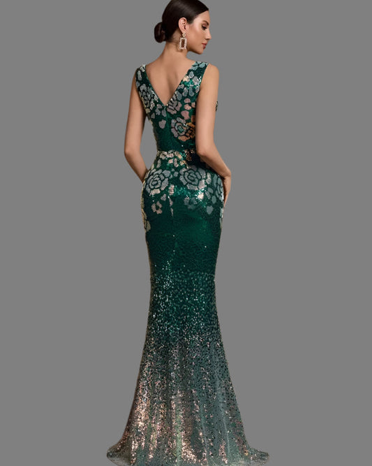 Green sequin mermaid V-neck sleeveless gown with floral beadwork, side view