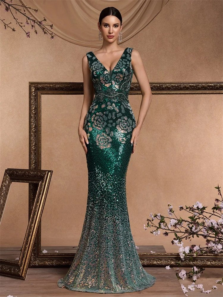 Elegant V-Neck Green Sequins Evening Party Dress