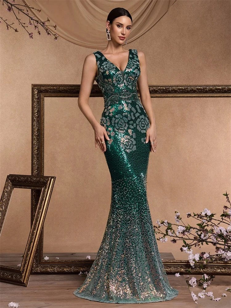 Elegant V-Neck Green Sequins Evening Party Dress