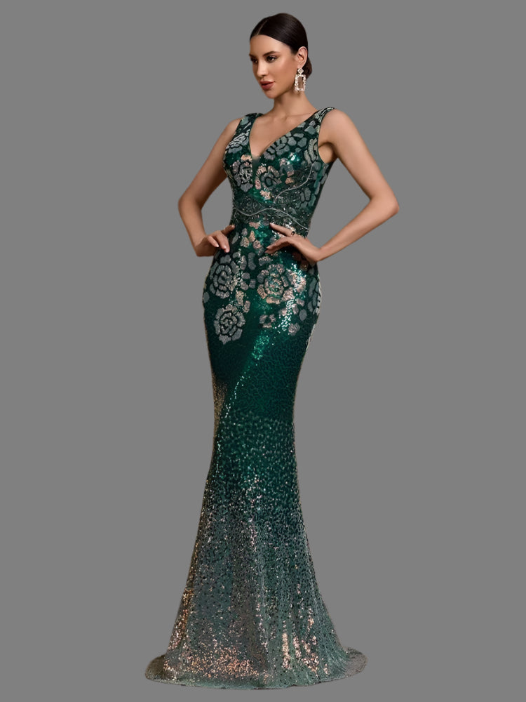Elegant V-Neck Green Sequins Evening Party Dress