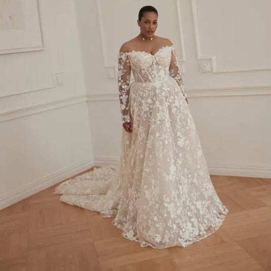 champagne colour floral lace off the shoulder wedding dress