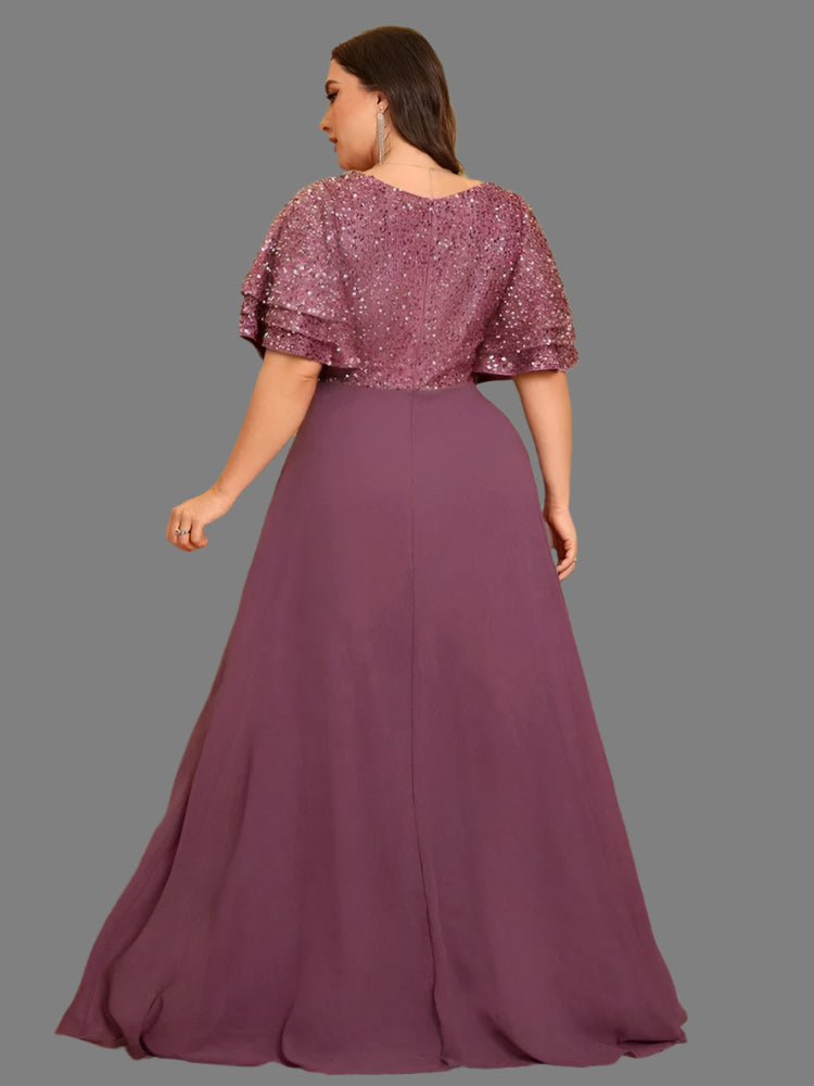 Chiffon Plus Size V-Neck Sequin Evening Dress