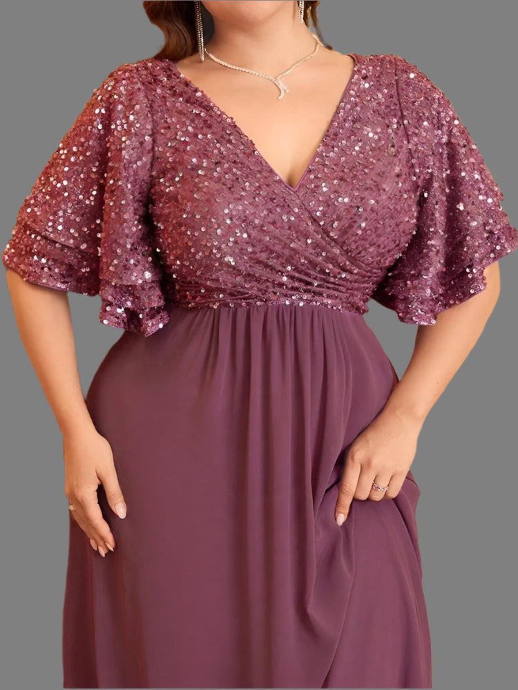 Chiffon Plus Size V-Neck Sequin Evening Dress