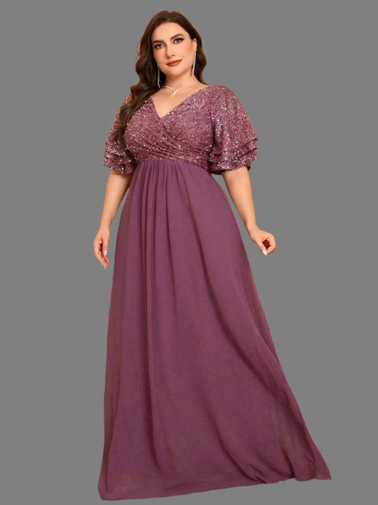 Chiffon Plus Size V-Neck Sequin Evening Dress