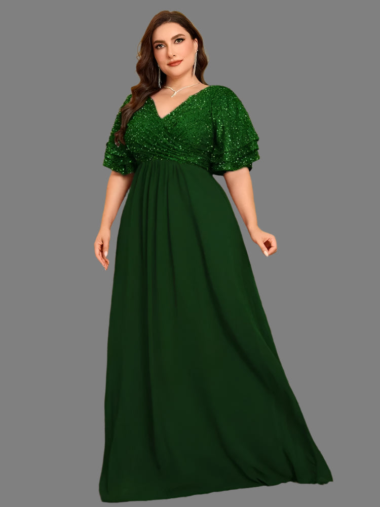 Chiffon Plus Size V-Neck Sequin Evening Dress