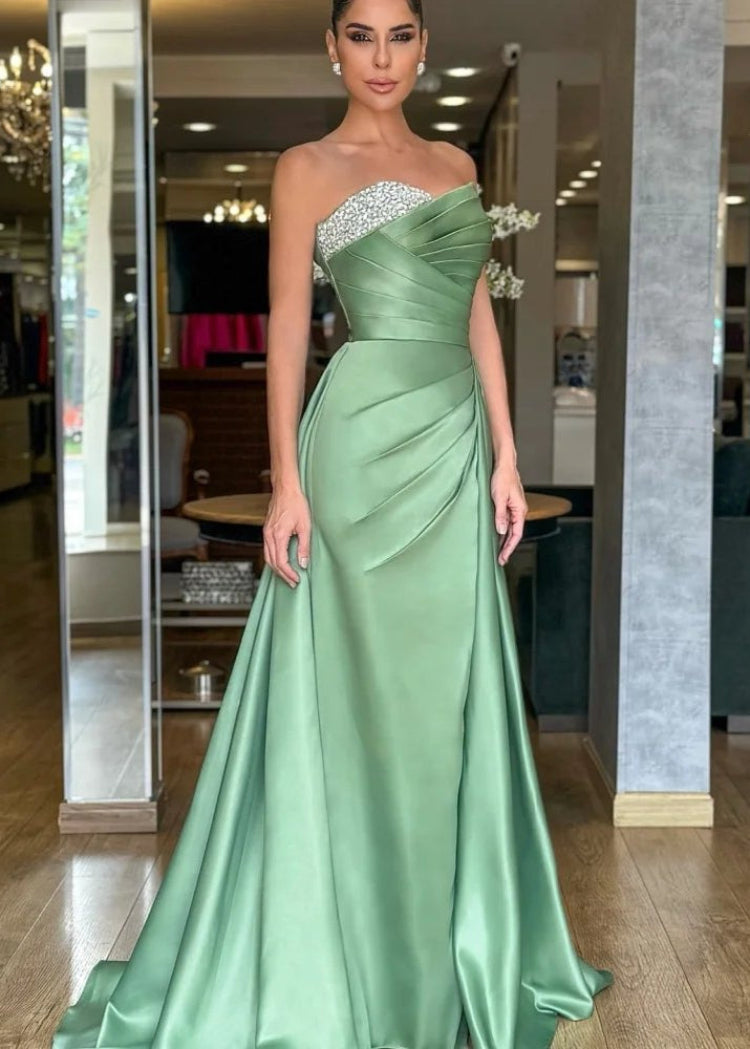 pastel green strapless evening dress also