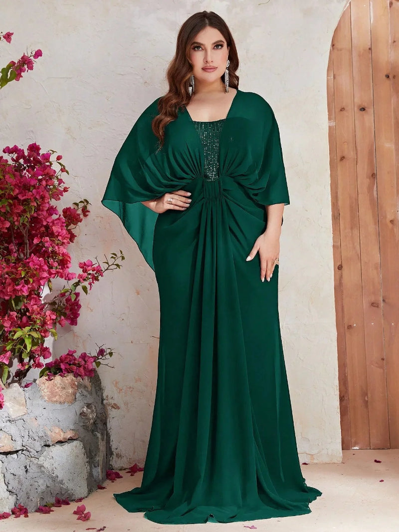 Plus Size Chiffon Sequin Elegant Shawl Evening Dress