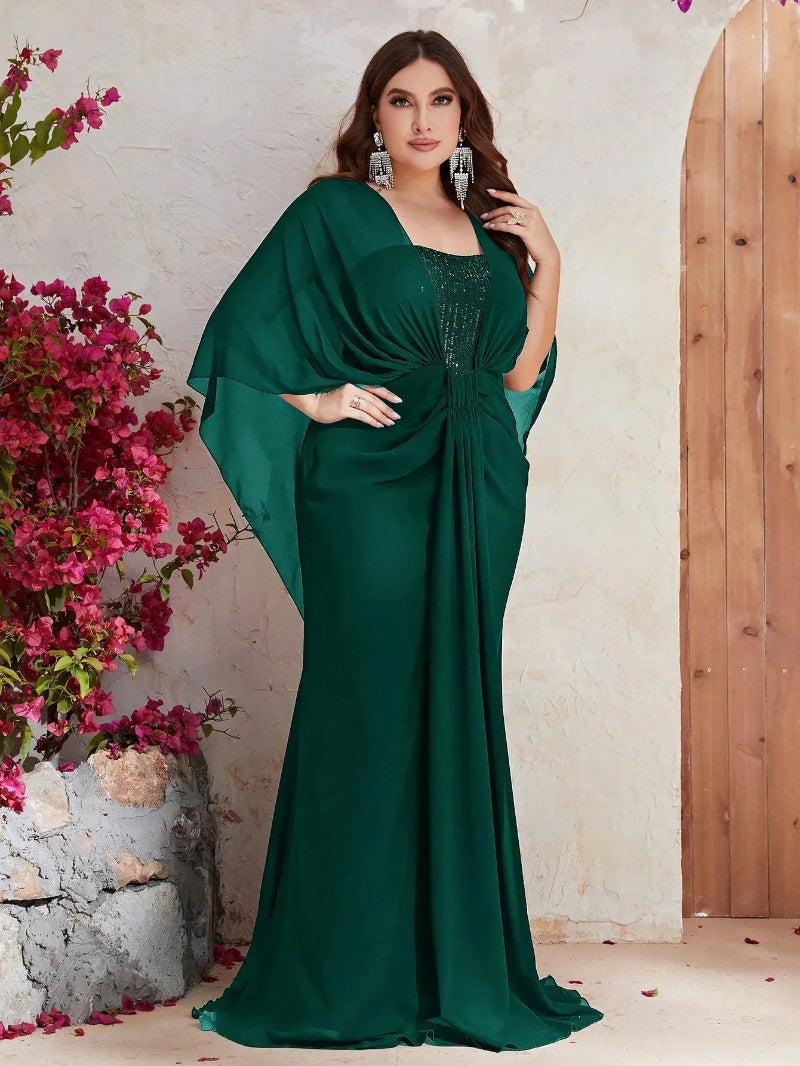 dark green chiffon fabrc with sequins evening dress