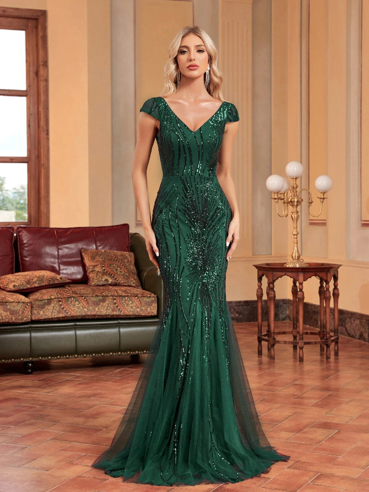 emerald green sequin cap sleeve mermaid formal evening party dress-formal elegance