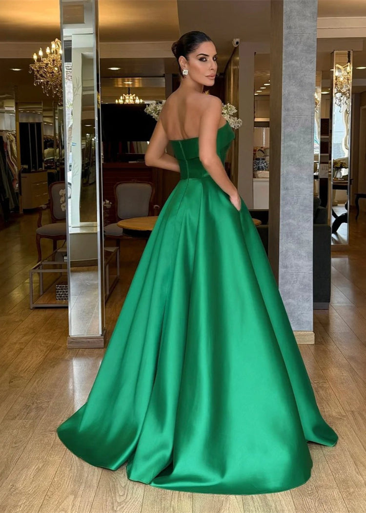green satin strapless with pockets floor length evening dress