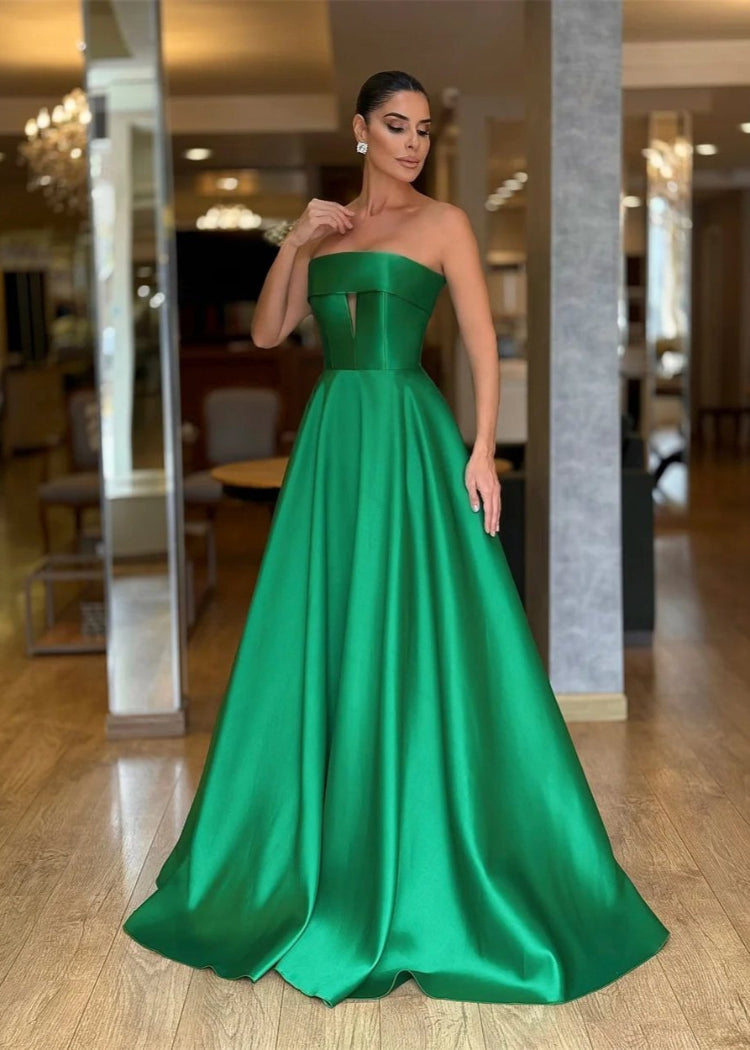 Green satin strapless a-line elegant evening or formal gala gown. Custom colours and sizes available 2-26