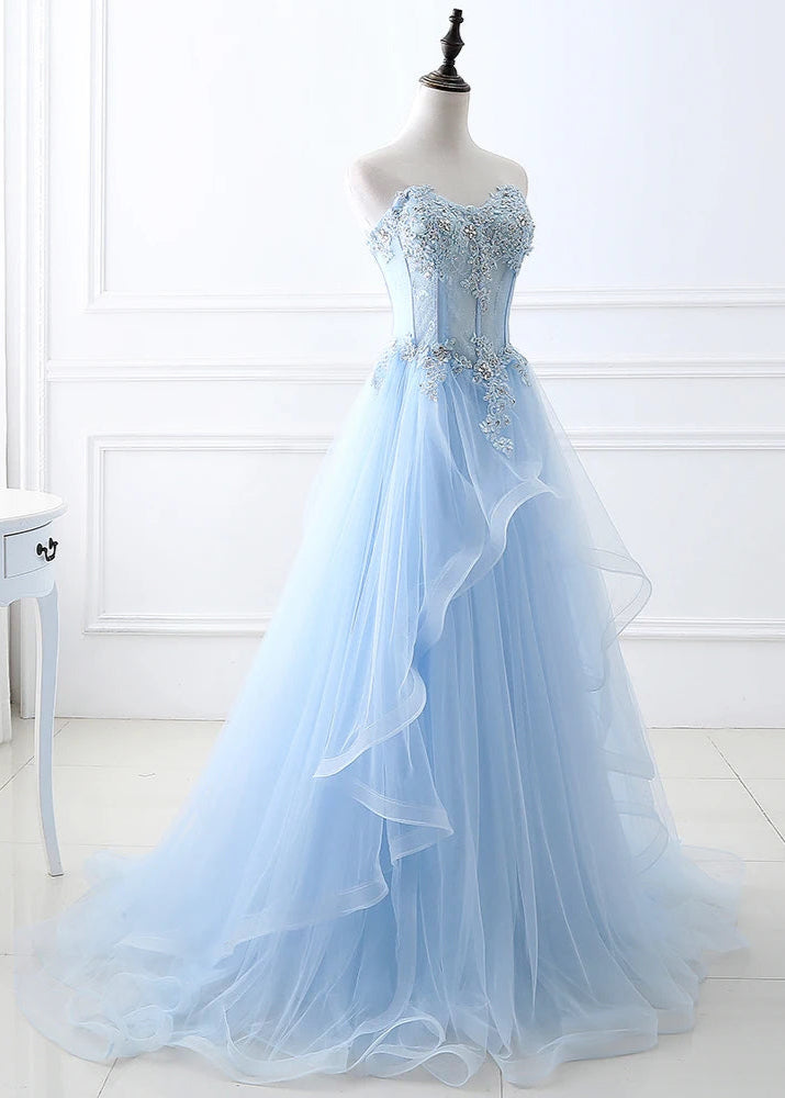 Blue Beaded Strapless A-Line Tulle Formal Gown
