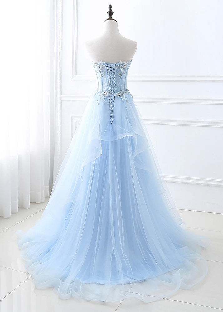 Blue Beaded Strapless A-Line Tulle Formal Gown