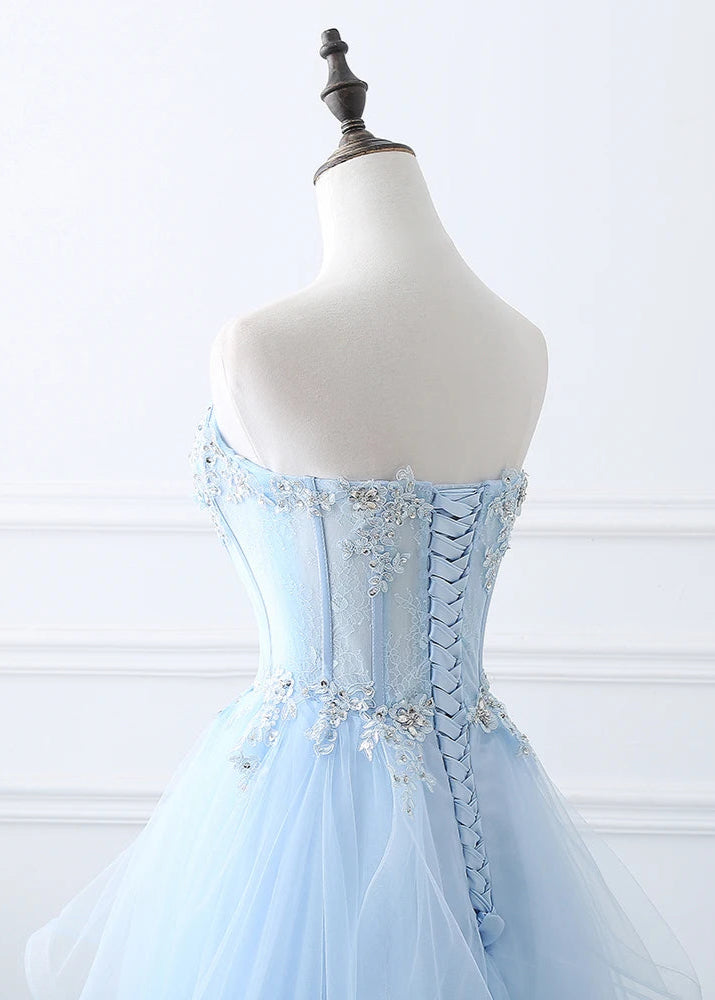 Blue Beaded Strapless A-Line Tulle Formal Gown