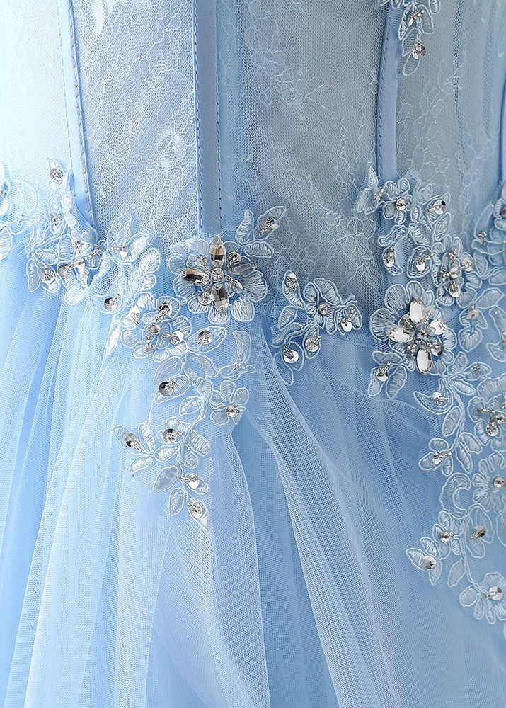 Blue Beaded Strapless A-Line Tulle Formal Gown