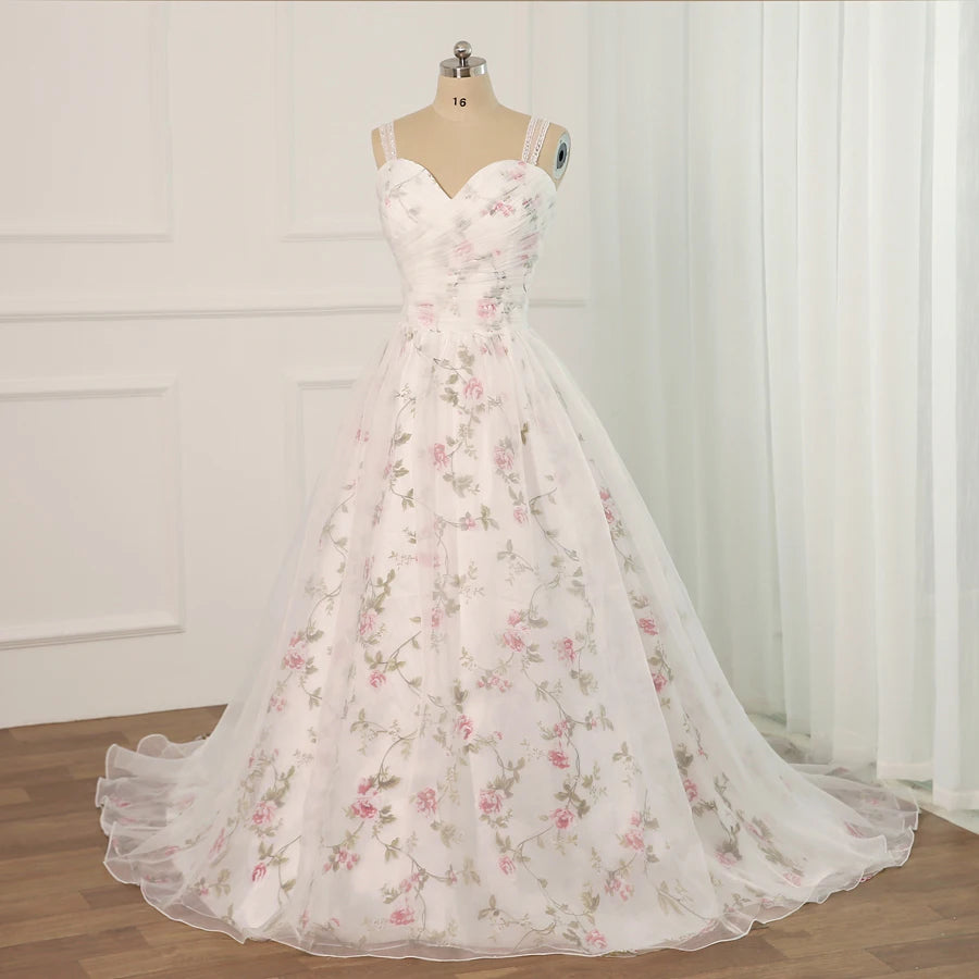 Floral spaghetti straps wedding dresses in white-formal elegance