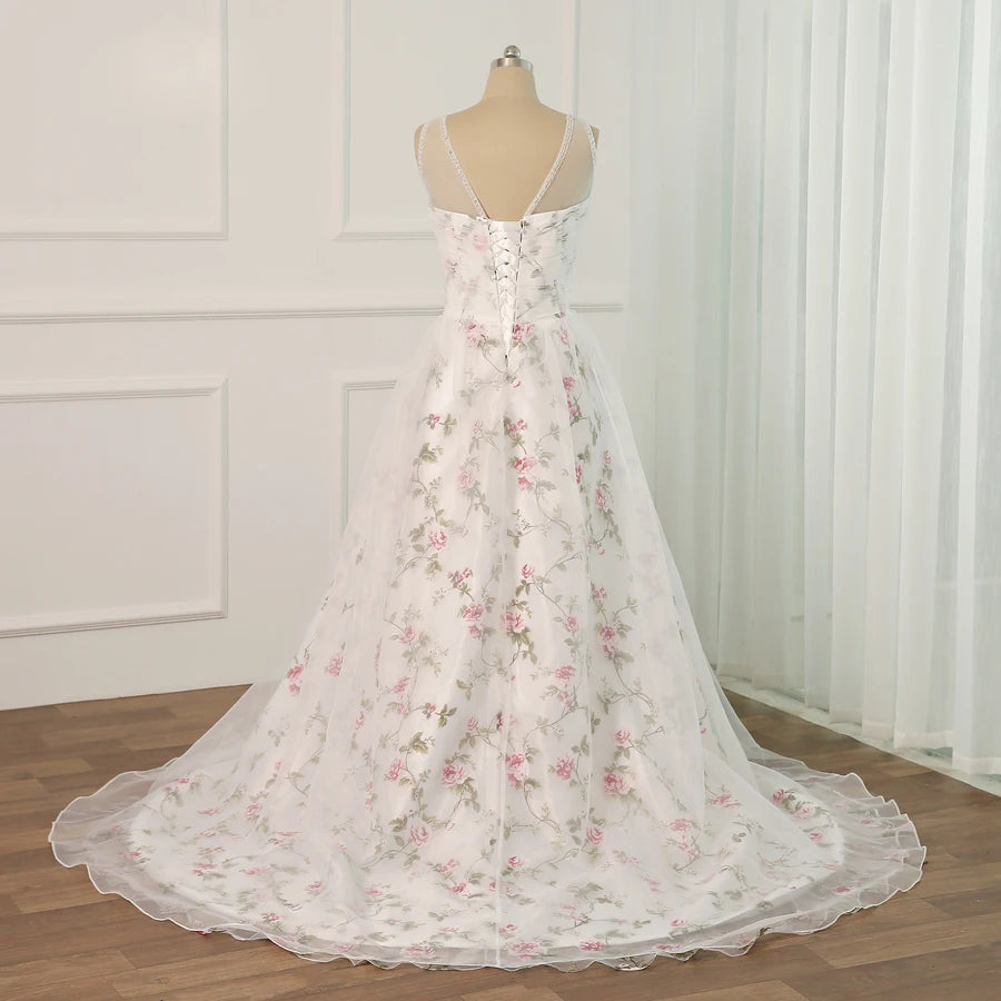 lace up back floral fabric wedding dress-formal elegance