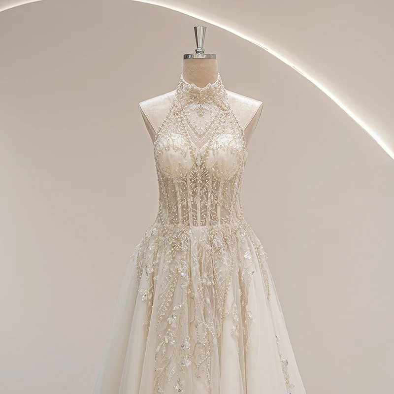 Halter Neckline Ivory Vintage Bride Wedding Gown