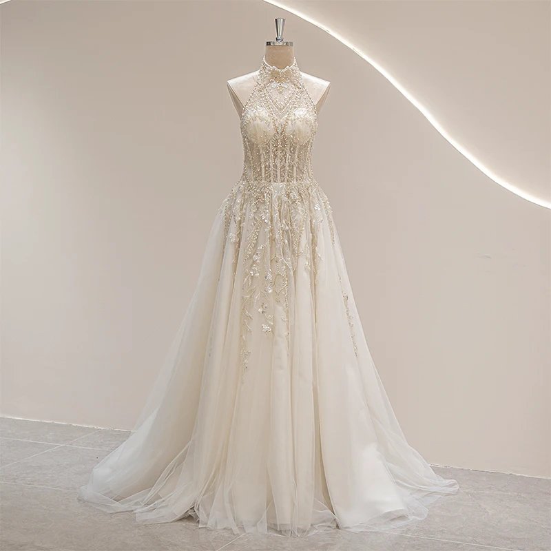 Halter Neckline Ivory Vintage Bride Wedding Gown