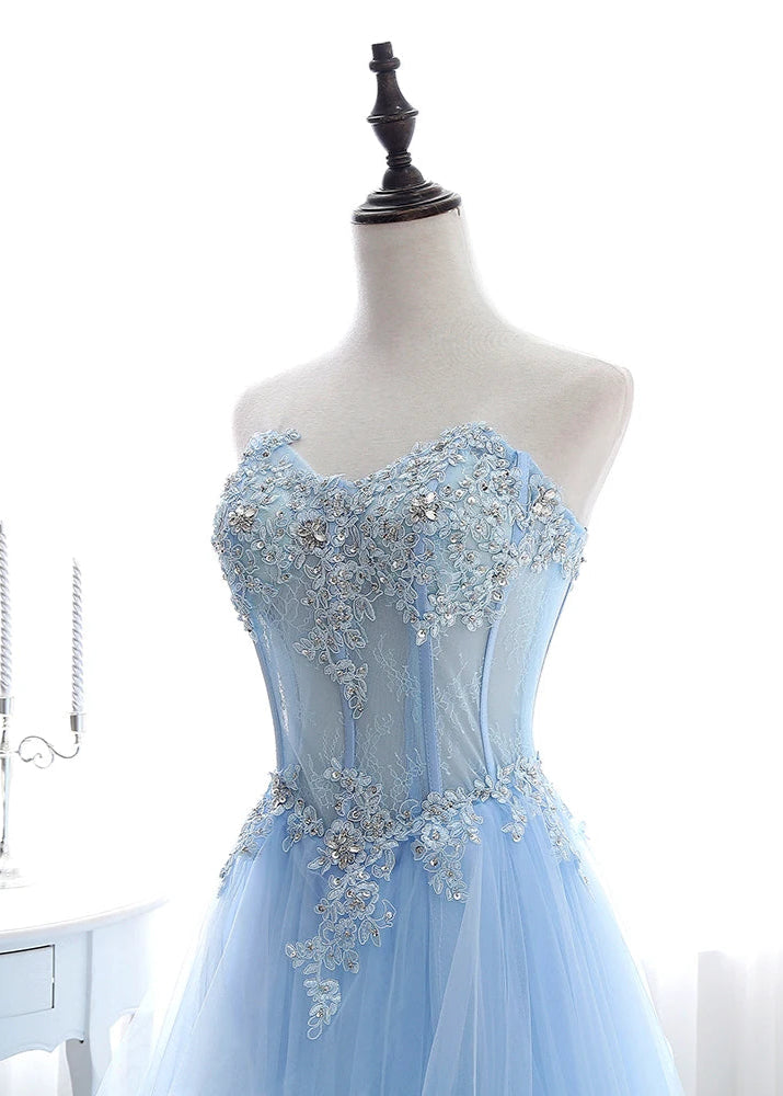 Blue Beaded Strapless A-Line Tulle Formal Gown