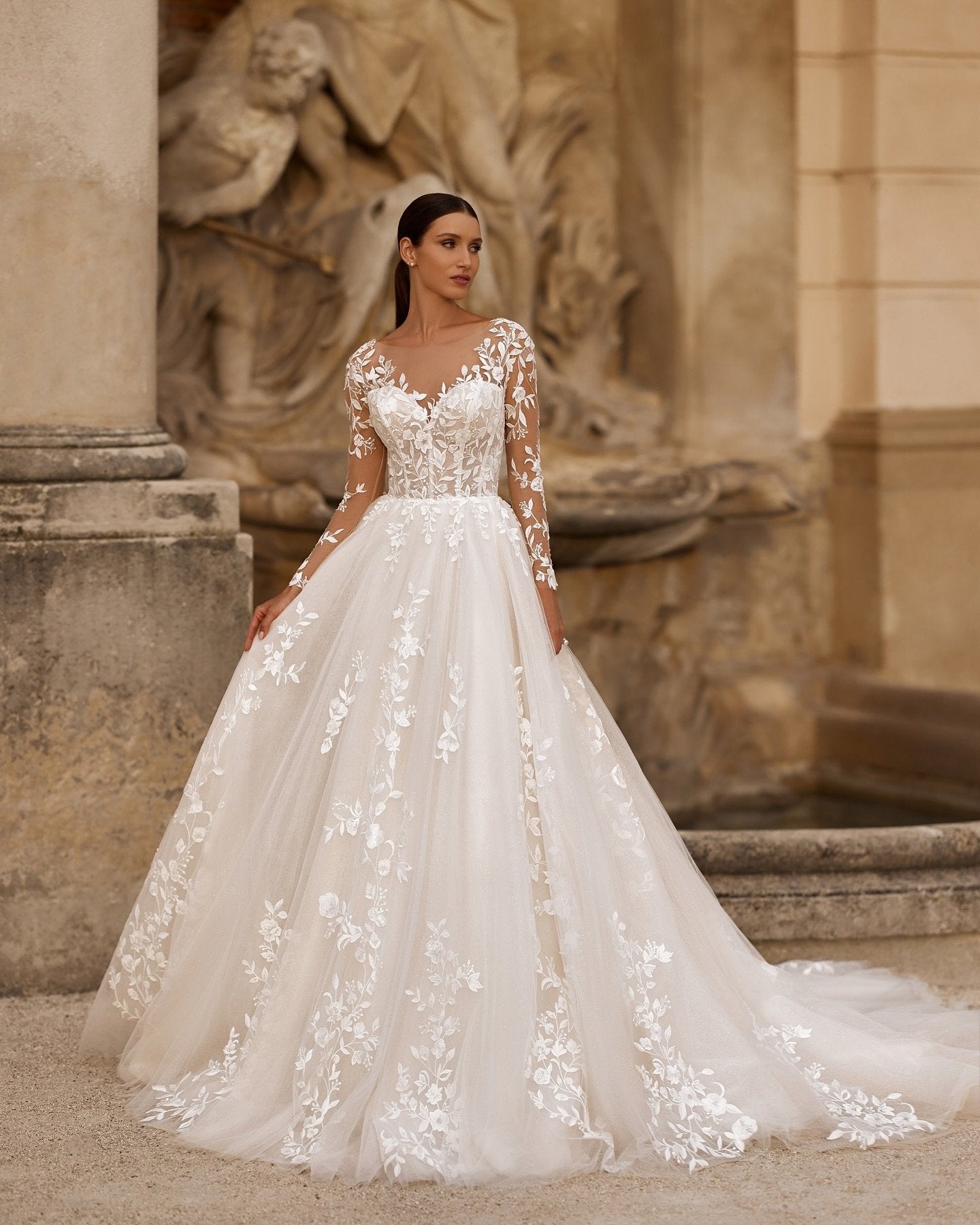 White or Ivory tulle and illusion appliqué lace long sleeves with train wedding dress in sizes 2-26w-Formal Elegance