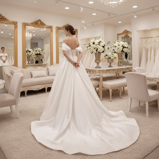 Back view of ivory satin off-shoulder bridal gown with corset lace-up and long sleeves