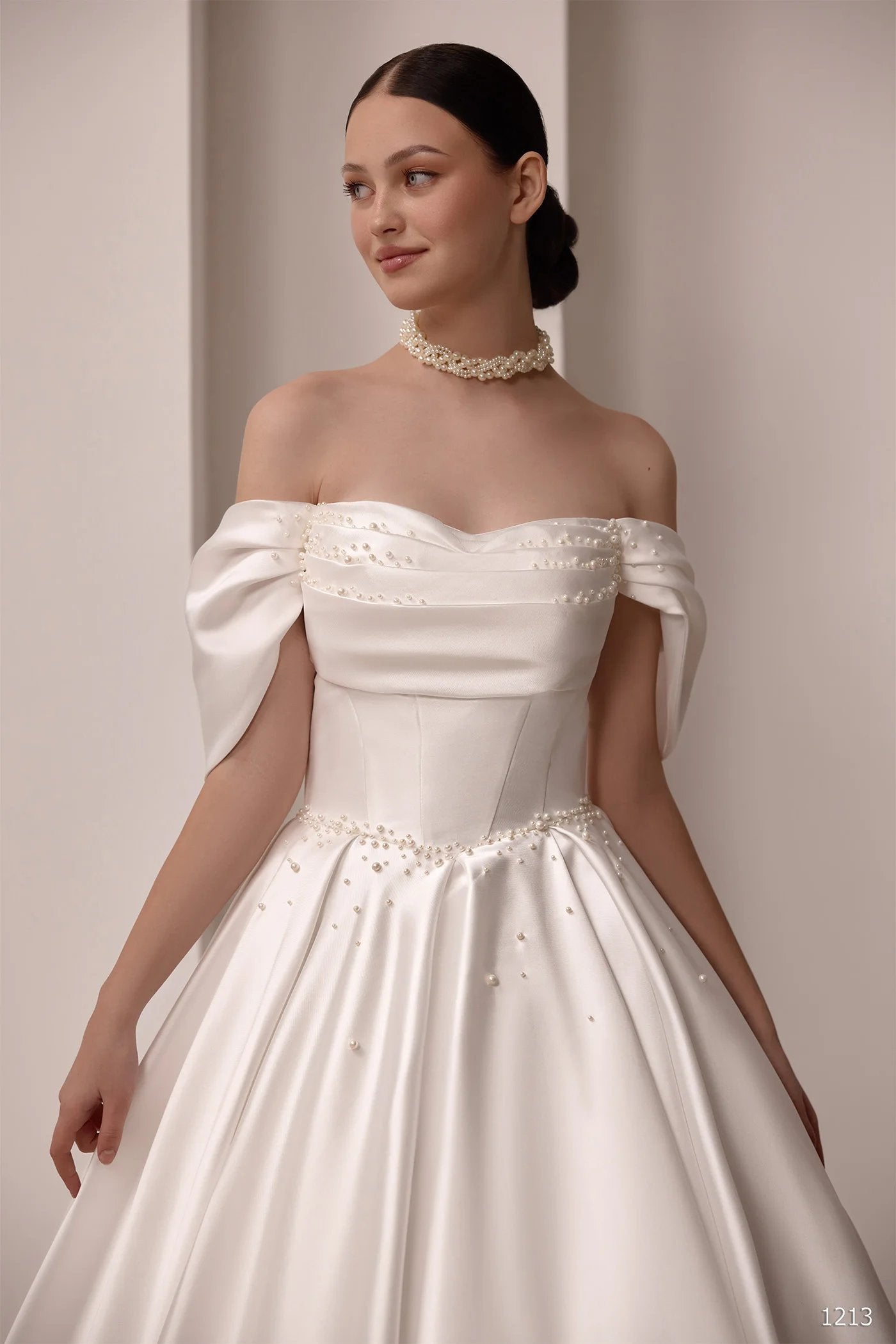 Strapless off the shoulder satin bridal gown with beading and pearls in white or ivory