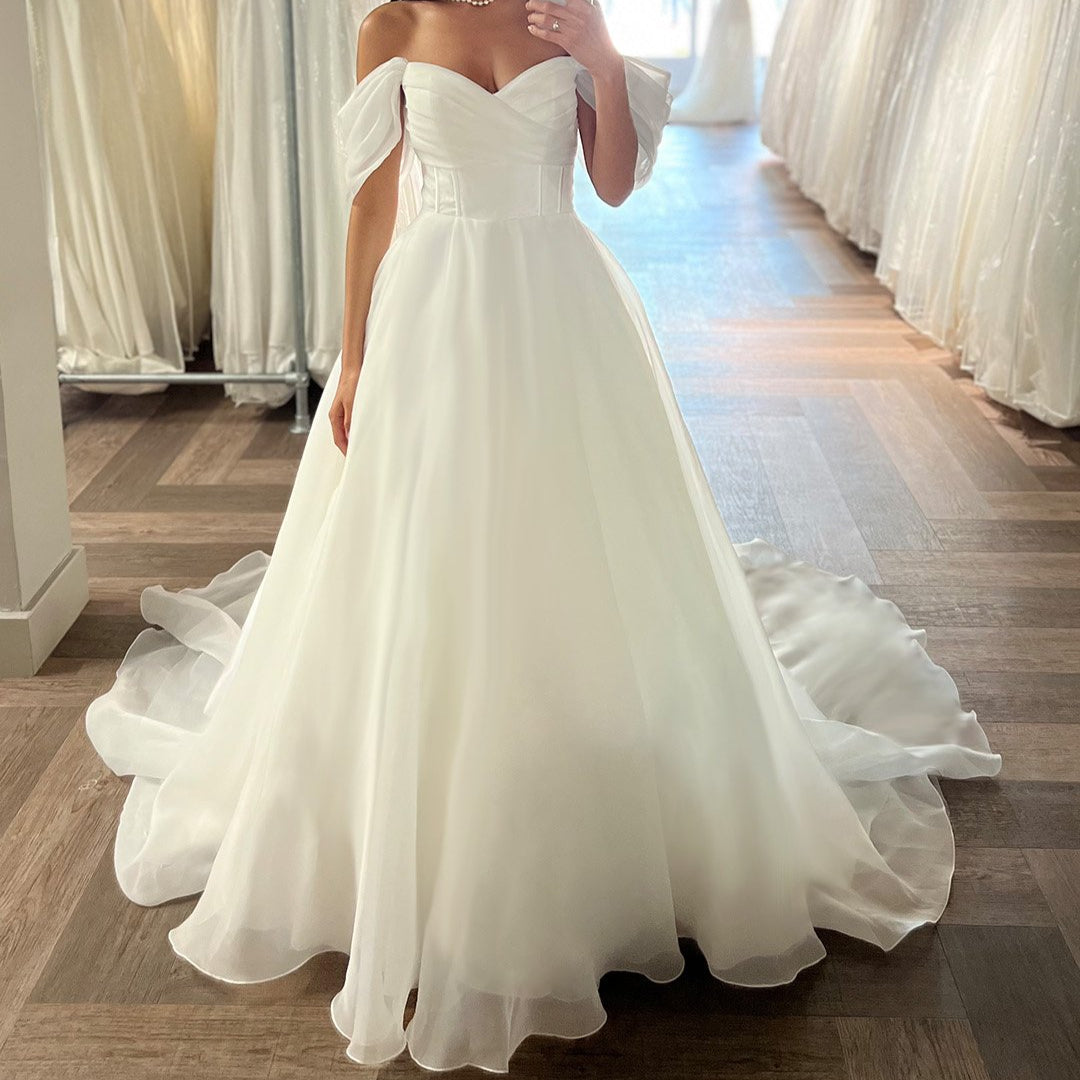 ivory organza fabric off the shoulder design wedding dress in sizes 2-26w