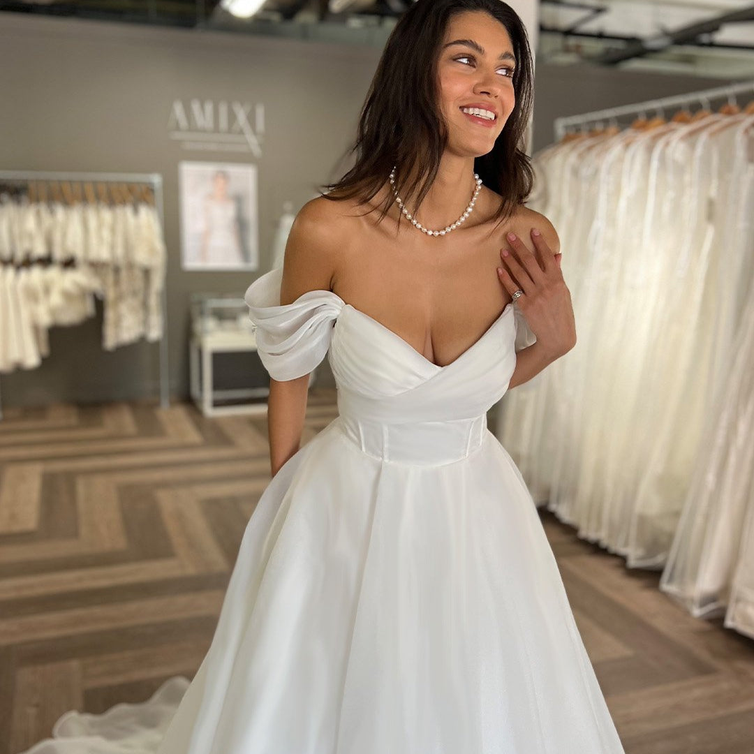 Ivory Organza Off Shoulder A-Line Bridal Gown