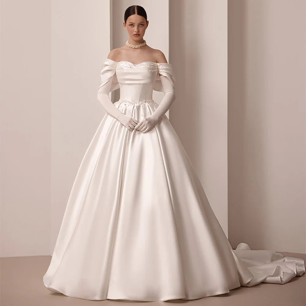 Ivory satin off the shoulder with pleated bodice and a court train bridal dresses sizes 2-26W