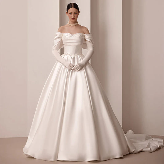 Ivory satin off the shoulder with pleated bodice and a court train bridal dresses sizes 2-26W
