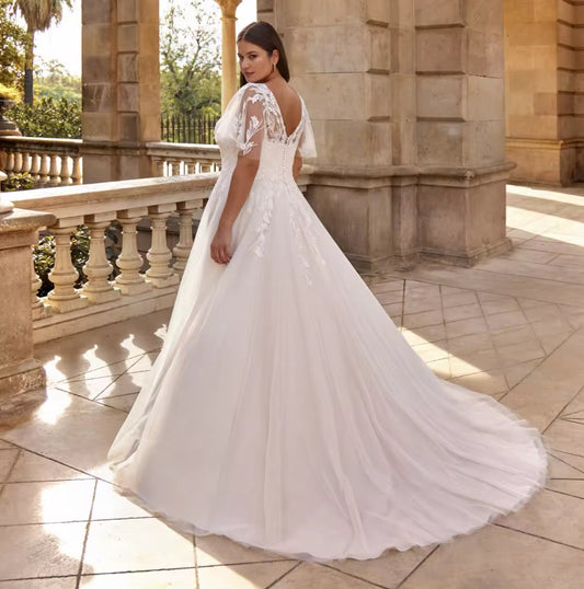 v-back lace plus size wedding dress with train-formal elegance
