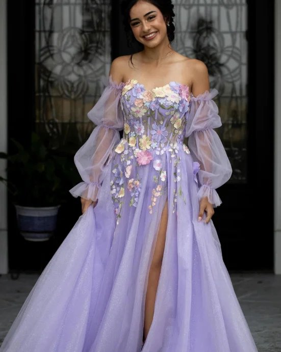 Lilac Strapless Puffy Sleeves Tulle Flowers Formal Dress