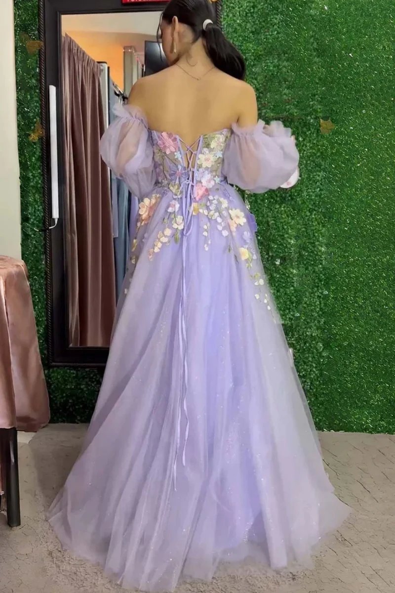 Lilac Strapless Puffy Sleeves Tulle Flowers Formal Dress