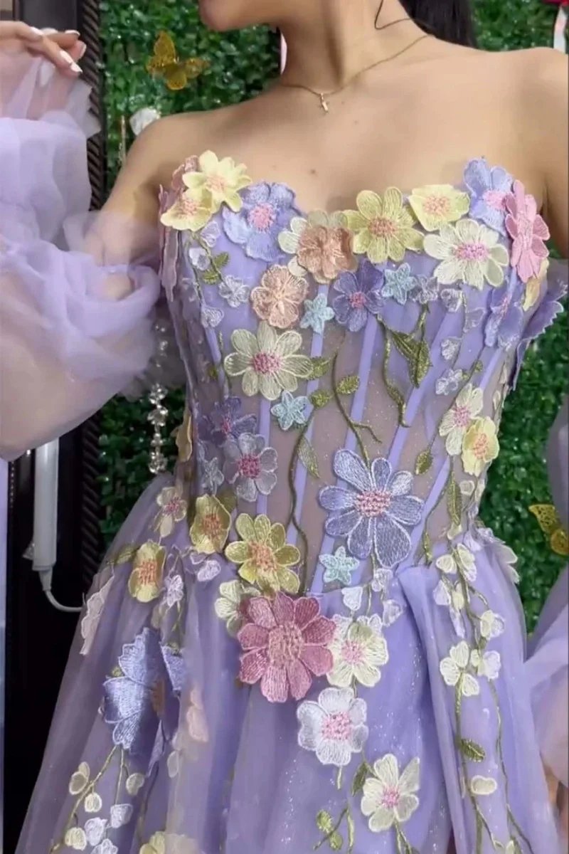 Lilac Strapless Puffy Sleeves Tulle Flowers Formal Dress
