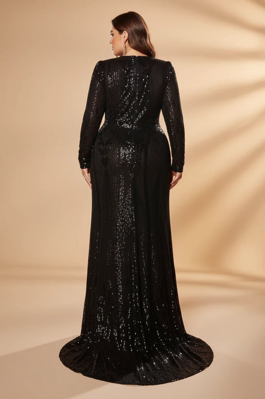 Black sequin mermaid evening gown, long sleeves, maxi length, back view.